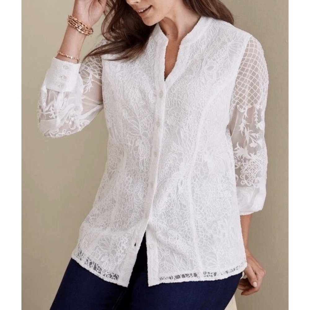 Soft Surroundings Size-XL Blouse Button Front Lace/Embroidered Fiori White